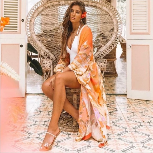 Gypsy Boho Orange Mermaid Print Kimono Cardigan Cover up - Picture 2 of 11